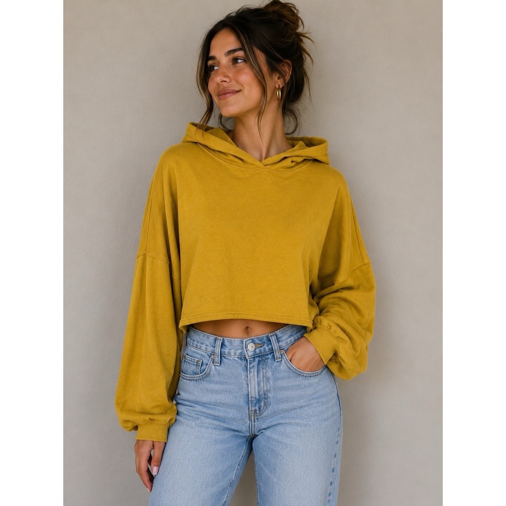 Savage X Fenty Mustard Yellow Cropped Hoodie Oversized Streetwear Medium - Picture 1 of 6